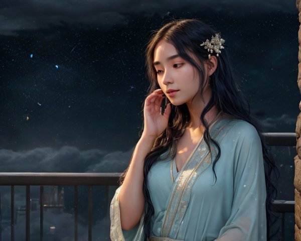 Young Woman in Sky-Blue Gown on Balcony at Night