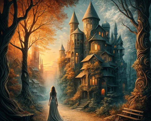 Mystical Scene of Figure Before Enchanted Castle
