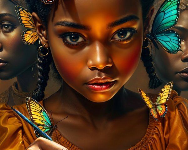 Young girl writing with butterflies in soft light