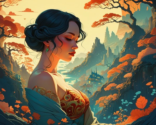 Serene Female Figure in Vibrant Outfit with Landscape