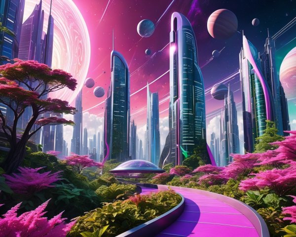 Futuristic cityscape with neon lights and pink foliage