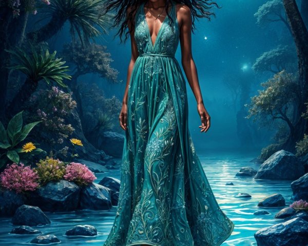 Moonlit Forest Scene with Woman in Teal Dress