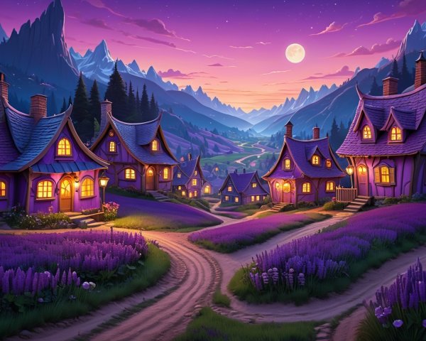 Serene village with cottages and blooming lavenders