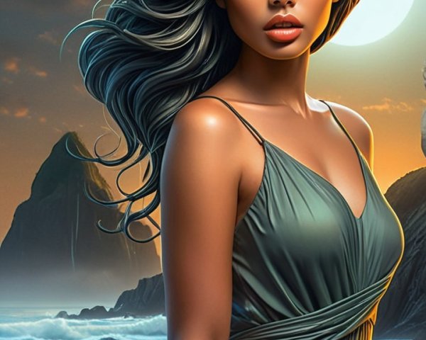 Woman in Green Dress by Ocean at Sunset