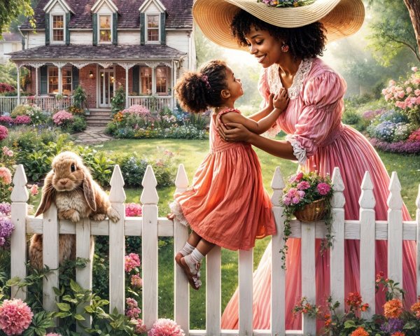 Joyful Garden Scene with Woman, Girl, and Bunny