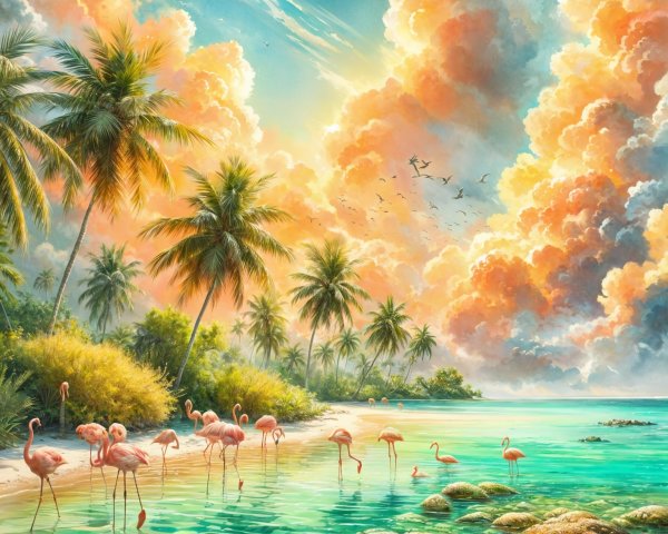 Tropical Scene with Flamingos and Lush Greenery