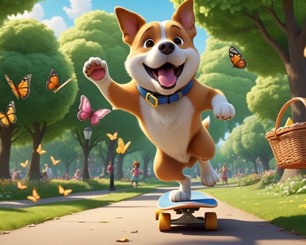Corgi Skateboarding in a Sunny Park Setting