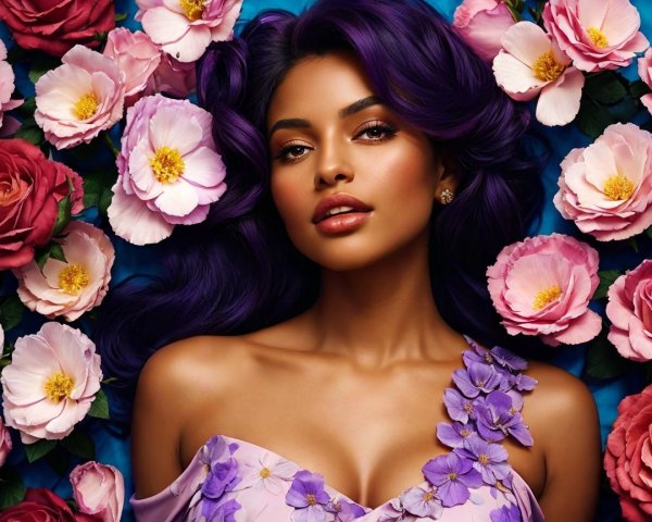 Portrait of a Woman with Purple Hair and Flowers