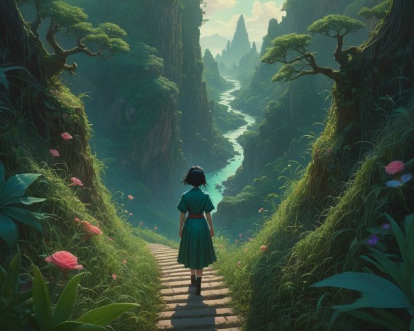Young girl in green dress by serene valley pathway