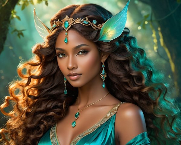 Fantasy figure in teal gown with leaf accessories