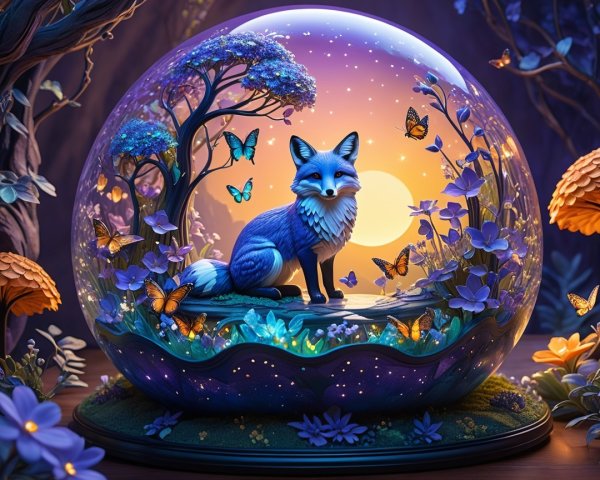Serene Glass Dome with Blue Fox and Twilight Scene