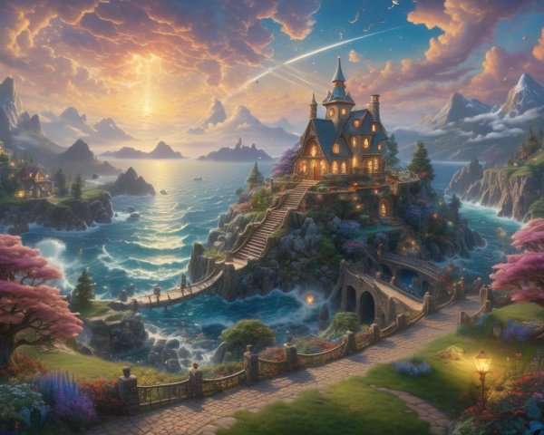 Whimsical Castle by Rocky Shoreline at Sunset