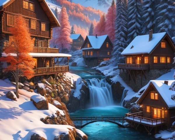 Serene Winter Landscape with Wooden Cabins and Mountains