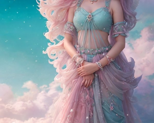Ethereal figure in gown with wings amidst clouds