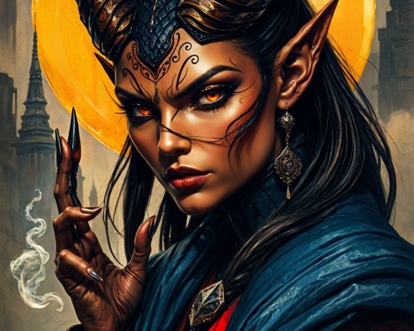 Fantasy Portrait of a Horned Figure with Moon Backdrop