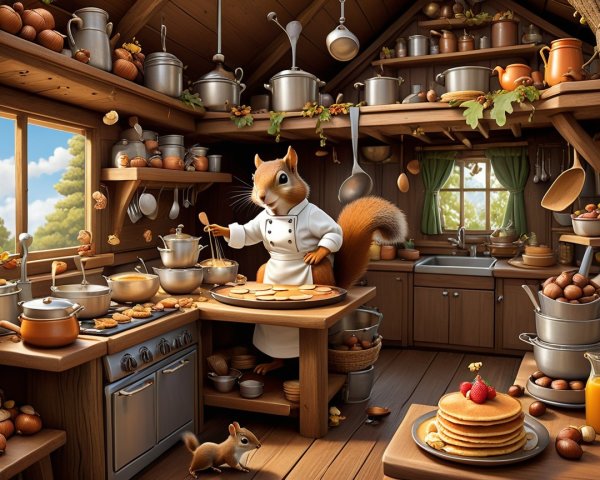 Cozy Wooden Kitchen with Chef Squirrel and Treats