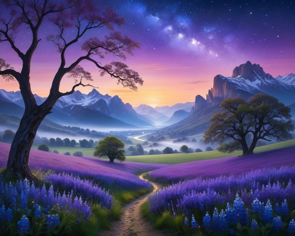 Dusk Landscape with Purple Flowers and Mountains