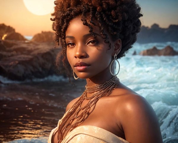 Young Woman by Ocean at Sunset with Elegant Attire