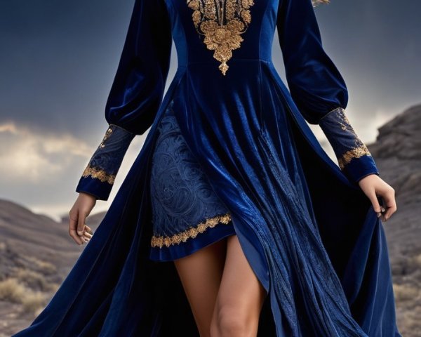 Elegant Deep Blue Velvet Dress with Gold Embroidery