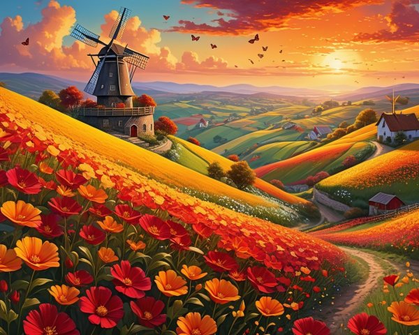 Vibrant Landscape with Wildflowers and Windmill