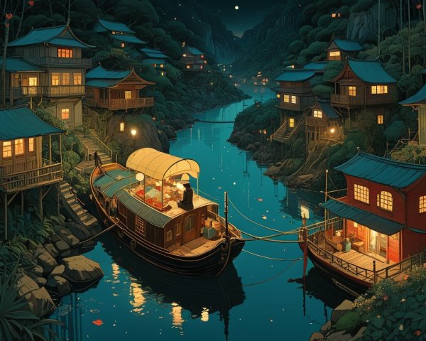 Tranquil River Scene with Illuminated Houses and Stars