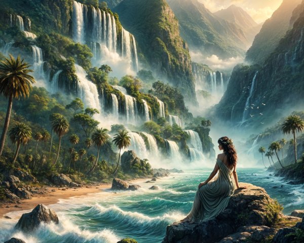 Serene Woman Overlooking Waterfalls and Landscape