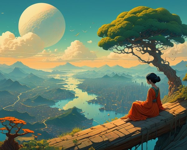 Serene landscape with woman in orange robe and river