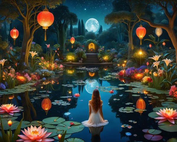 Tranquil Night Scene with Pond and Lush Greenery
