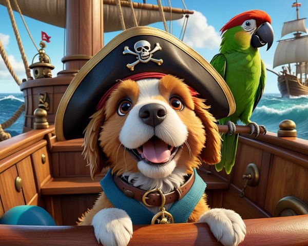 Cheerful dog in pirate hat aboard a ship at sea