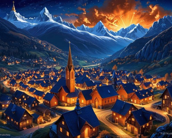 Picturesque village in a valley with sunset hues