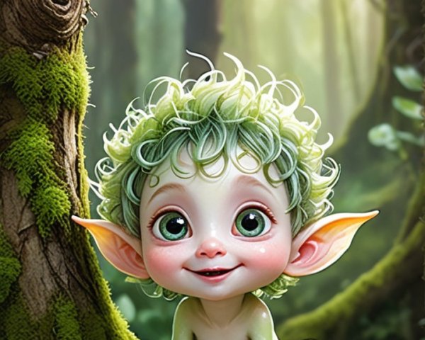 Whimsical Forest Creature on Moss-Covered Tree Trunk
