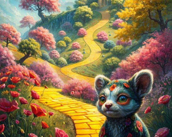 Whimsical Landscape with Mystical Castle and Creature