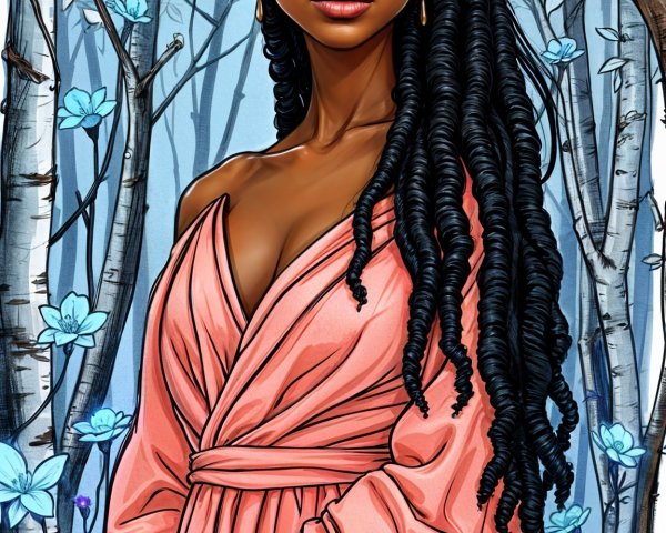 Young woman in coral dress in whimsical forest setting