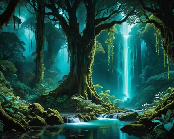 Mystical forest with ancient tree and serene waterfall