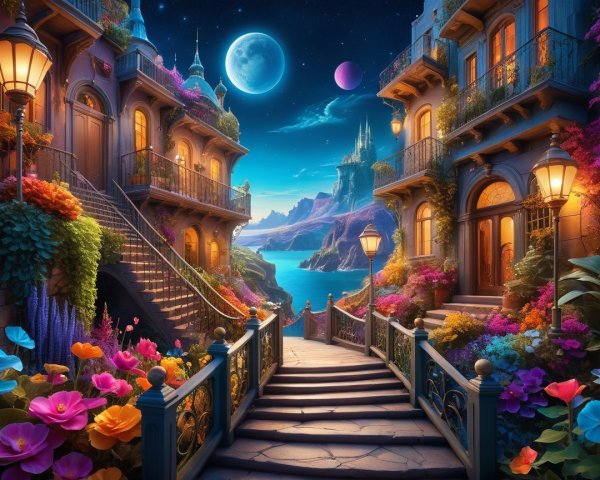 Enchanting Village Street with Lanterns and Flowers