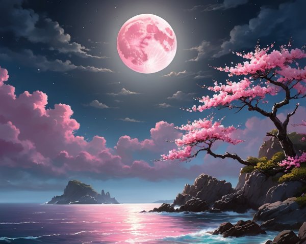 Serene Landscape with Pink Moon and Cherry Blossoms