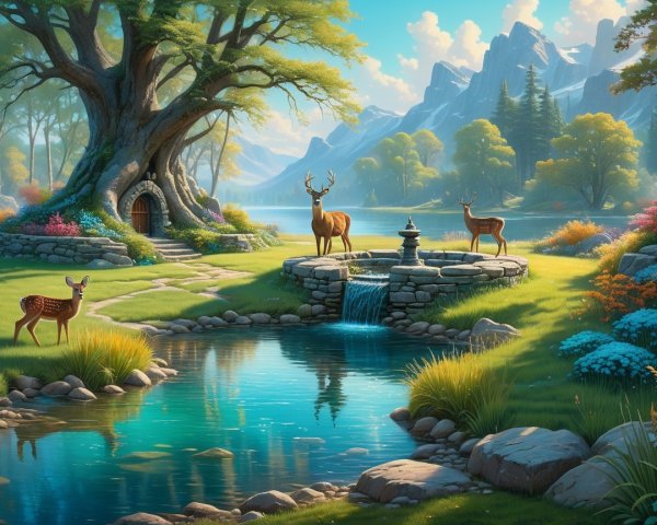 Serene Landscape with Tree, Pond, and Wildlife