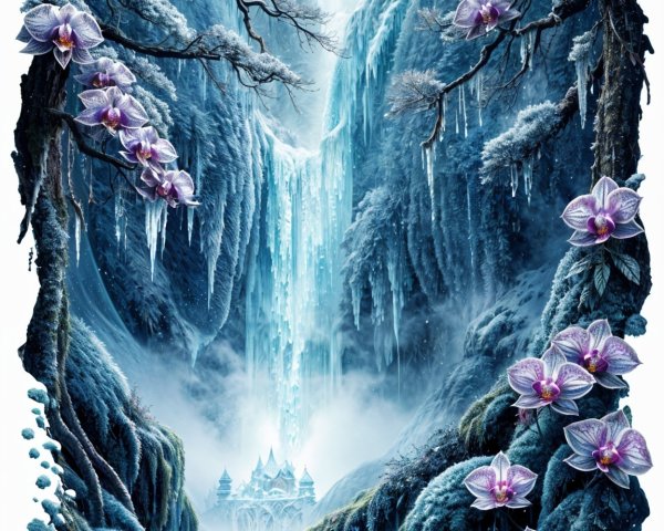 Serene Icy Landscape with Waterfall and Castle
