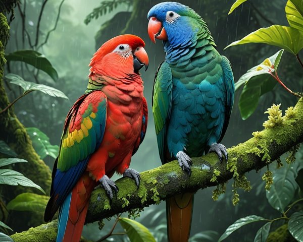 Vibrant Parrots on a Moss-Covered Branch in Jungle