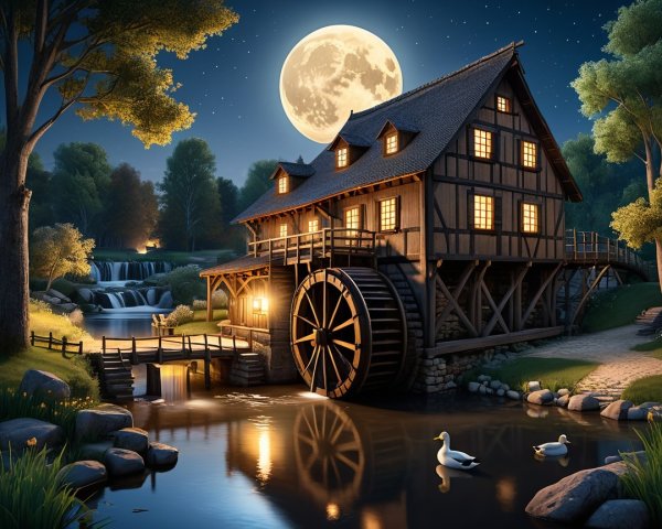 Charming Watermill by Serene River Under Full Moon
