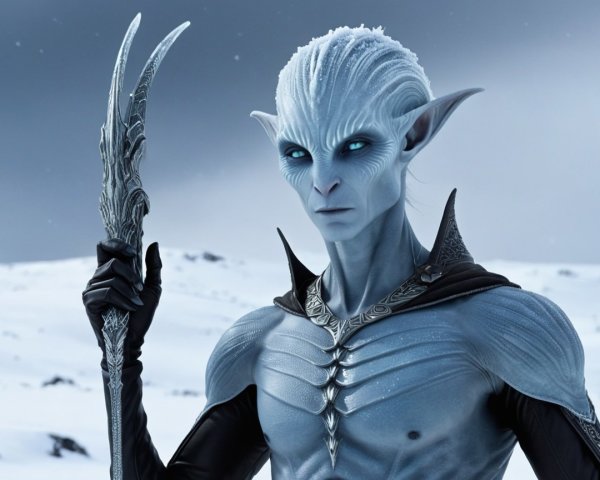 Mystical Character in Snowy Landscape with Staff