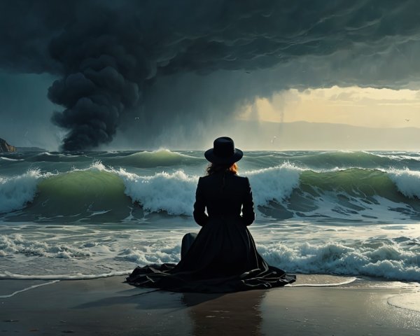 Solitary Figure in Black Dress by Tumultuous Waves