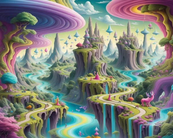 Vibrant Whimsical Landscape with Unique Flora and Creatures
