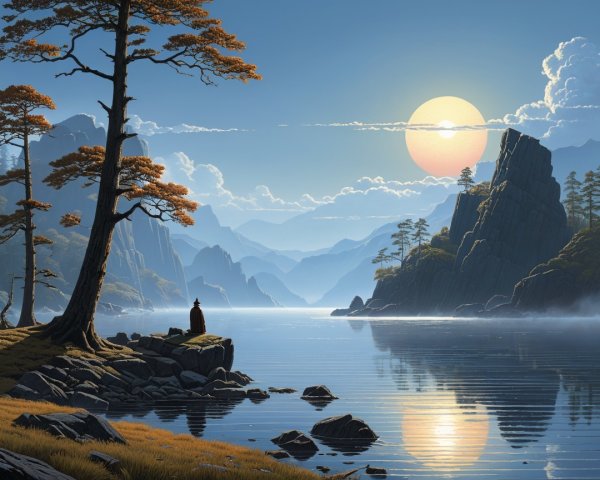 Tranquil Lake Landscape at Sunset with Solitary Figure