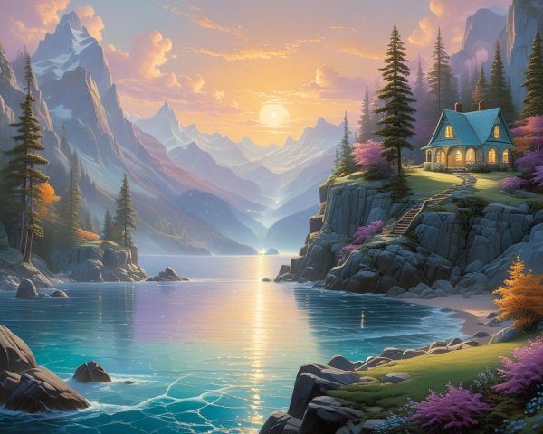 Cozy cottage by serene lake with vibrant trees and mountains