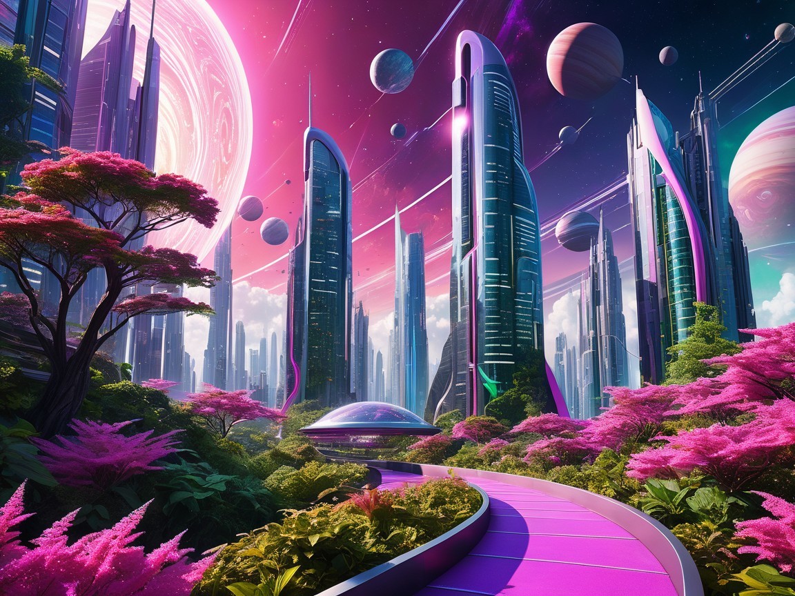 Futuristic cityscape with neon lights and pink foliage
