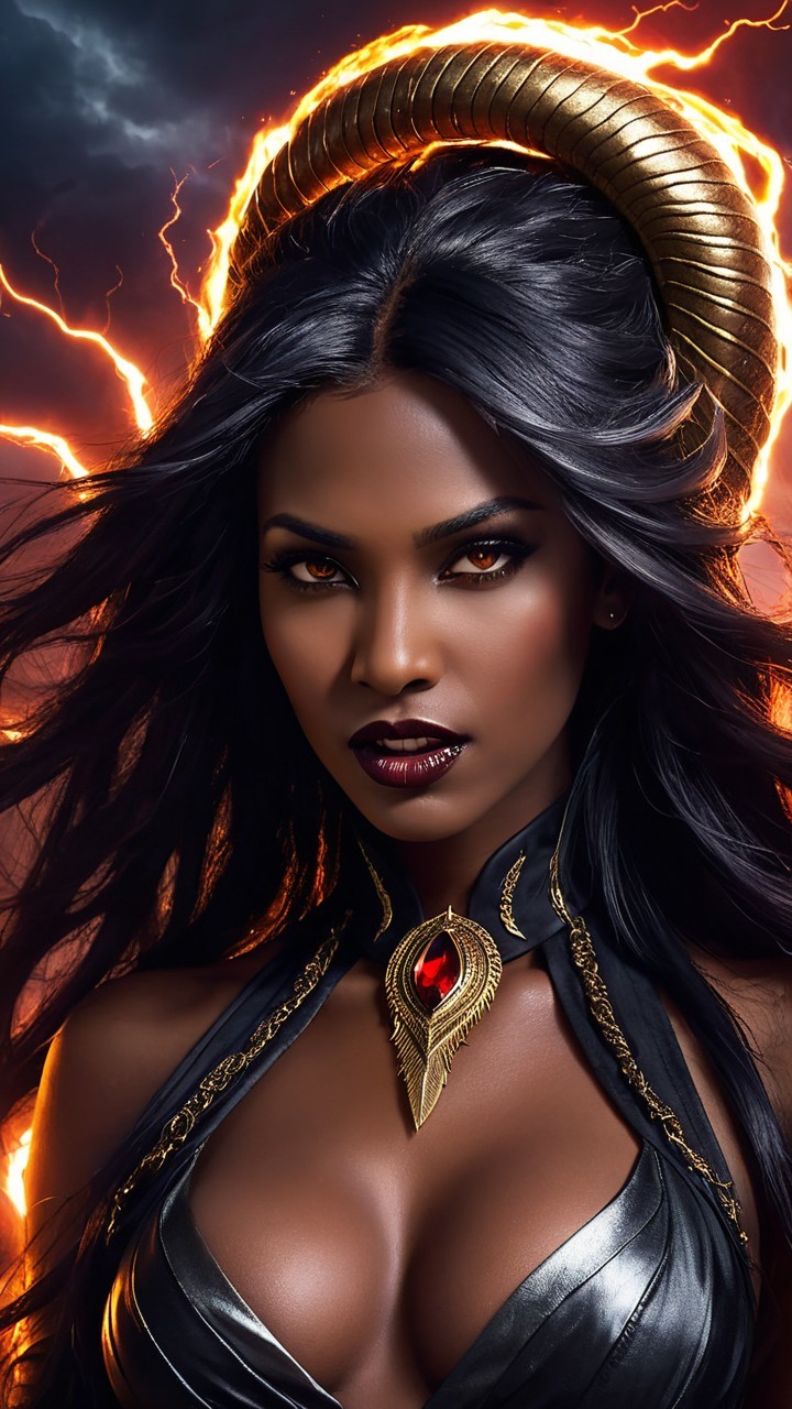 Confident figure with golden horns and stormy backdrop