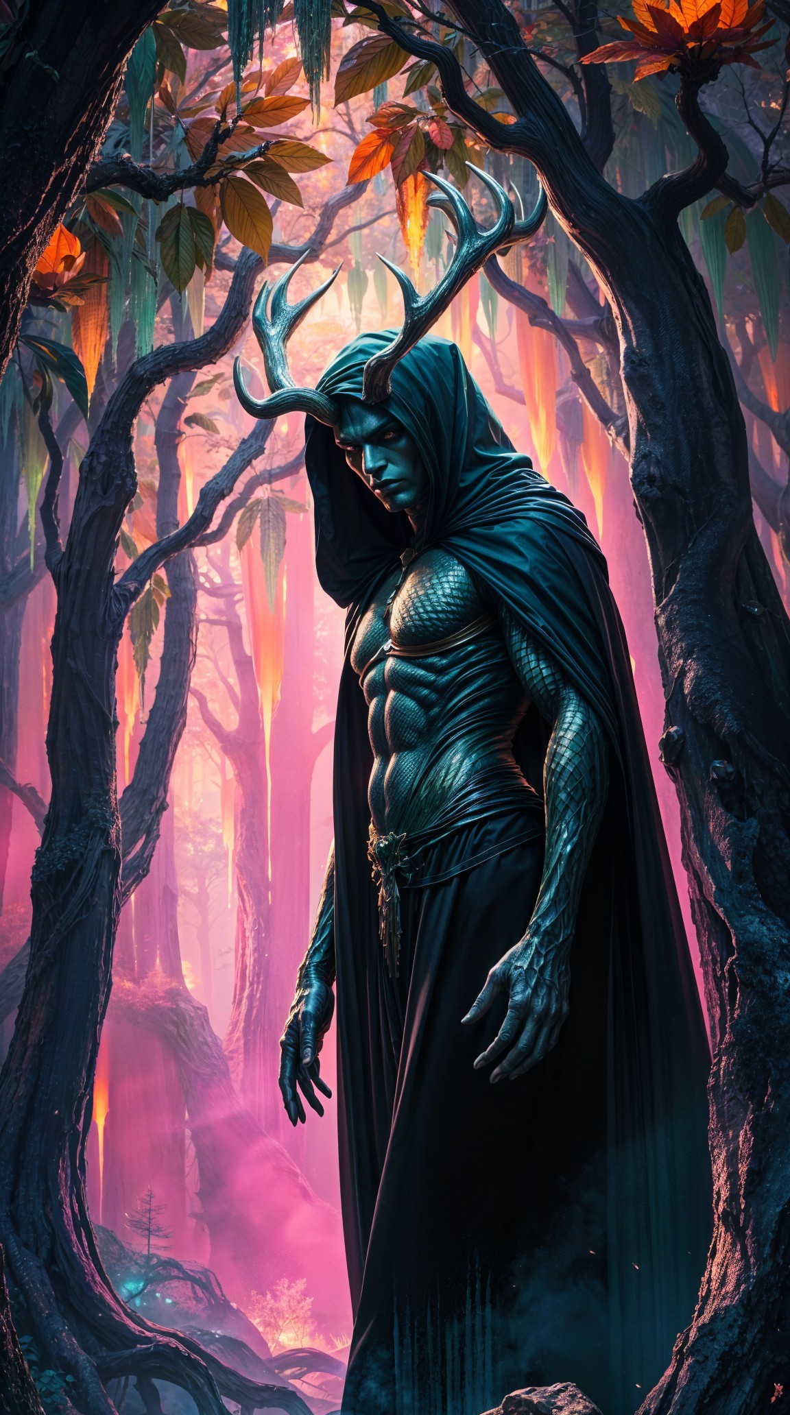 Mystical forest figure with scales and antlers
