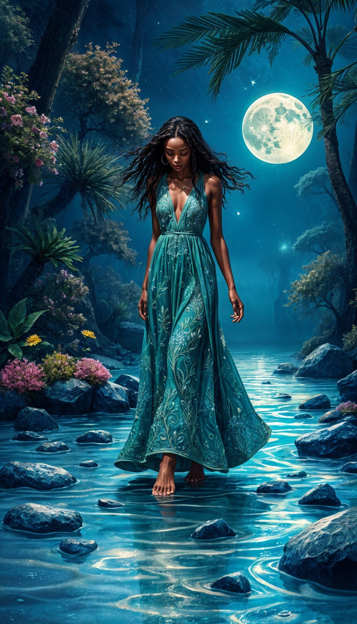 Moonlit Forest Scene with Woman in Teal Dress