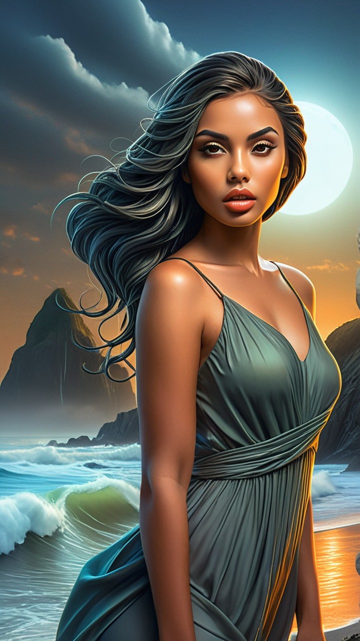 Woman in Green Dress by Ocean at Sunset